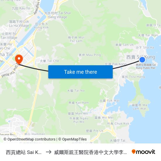 西貢總站 Sai Kung B/T to 威爾斯親王醫院香港中文大學李嘉誠醫學大樓 map