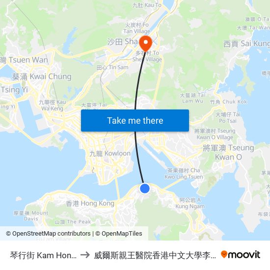 琴行街 Kam Hong Street to 威爾斯親王醫院香港中文大學李嘉誠醫學大樓 map