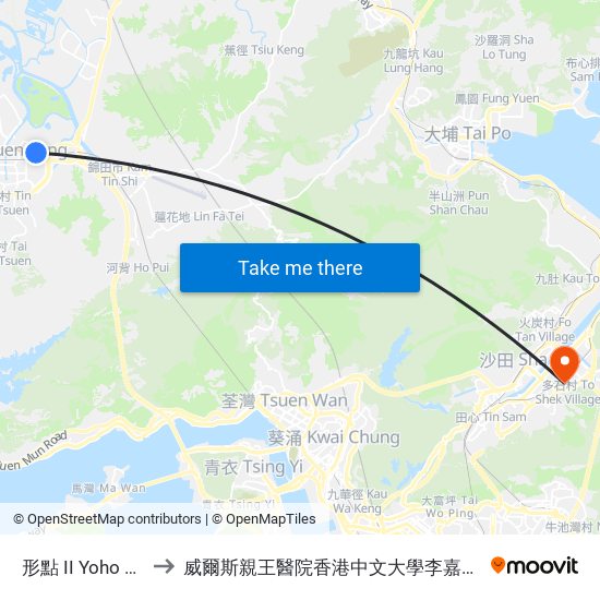 形點 II Yoho Mall II to 威爾斯親王醫院香港中文大學李嘉誠醫學大樓 map