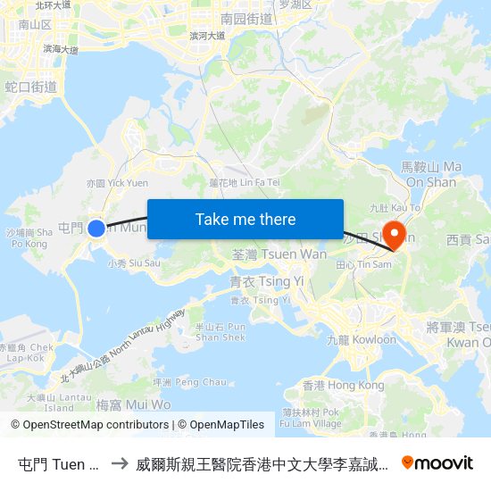 屯門 Tuen Mun to 威爾斯親王醫院香港中文大學李嘉誠醫學大樓 map