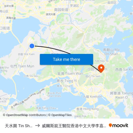 天水圍 Tin Shui Wai to 威爾斯親王醫院香港中文大學李嘉誠醫學大樓 map