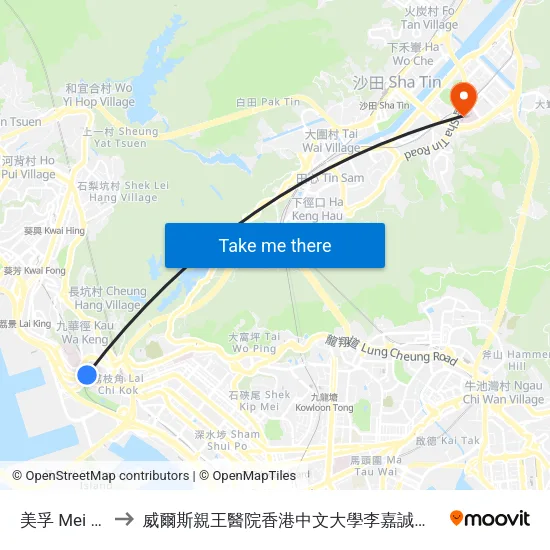 美孚 Mei Foo to 威爾斯親王醫院香港中文大學李嘉誠醫學大樓 map