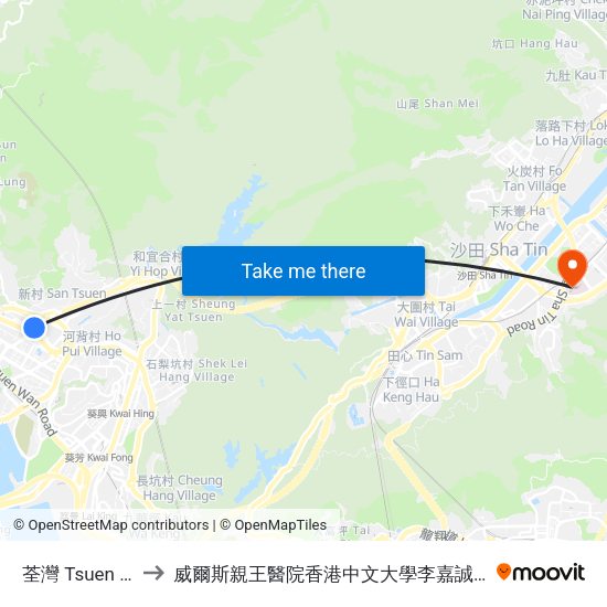 荃灣 Tsuen Wan to 威爾斯親王醫院香港中文大學李嘉誠醫學大樓 map