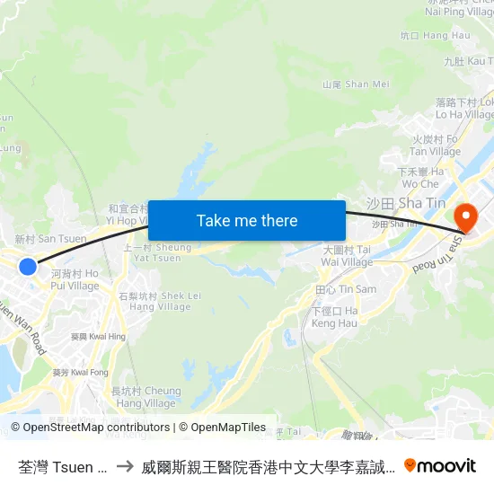 荃灣 Tsuen Wan to 威爾斯親王醫院香港中文大學李嘉誠醫學大樓 map