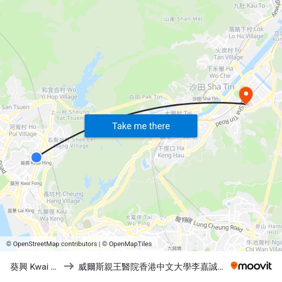 葵興 Kwai Hing to 威爾斯親王醫院香港中文大學李嘉誠醫學大樓 map