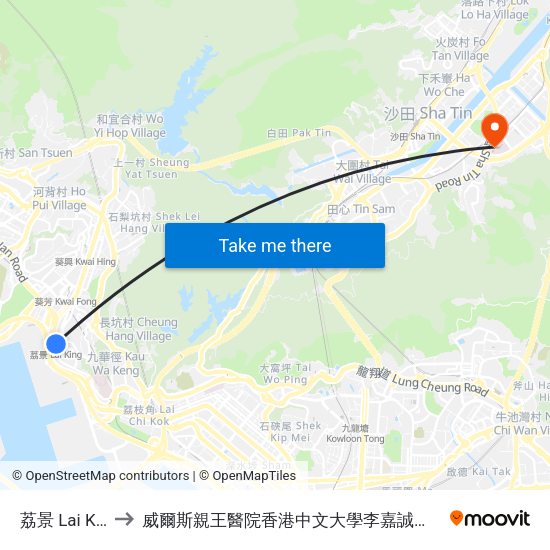 荔景 Lai King to 威爾斯親王醫院香港中文大學李嘉誠醫學大樓 map
