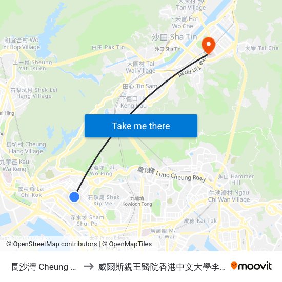 長沙灣 Cheung Sha Wan to 威爾斯親王醫院香港中文大學李嘉誠醫學大樓 map