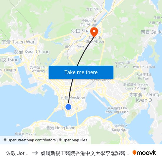 佐敦 Jordan to 威爾斯親王醫院香港中文大學李嘉誠醫學大樓 map