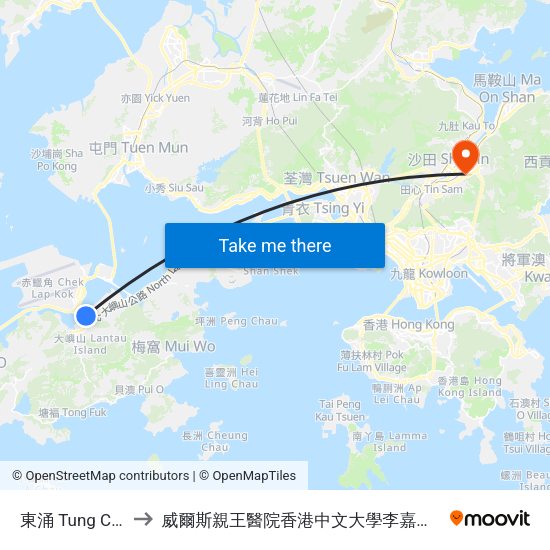 東涌 Tung Chung to 威爾斯親王醫院香港中文大學李嘉誠醫學大樓 map