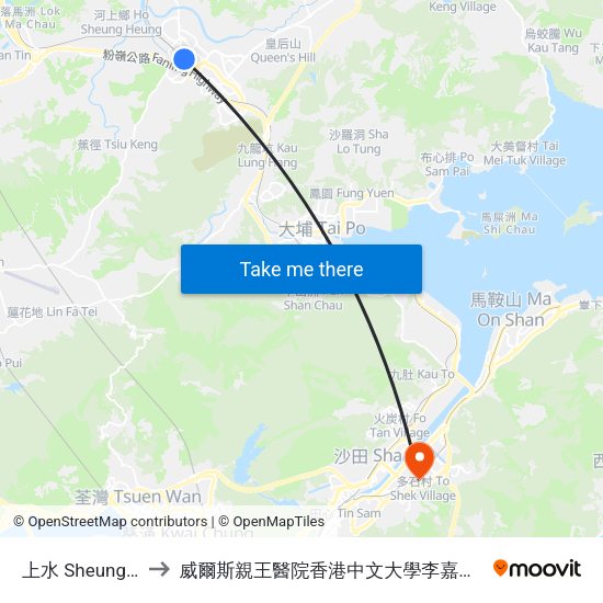 上水 Sheung Shui to 威爾斯親王醫院香港中文大學李嘉誠醫學大樓 map