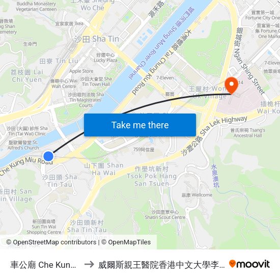 車公廟 Che Kung Temple to 威爾斯親王醫院香港中文大學李嘉誠醫學大樓 map