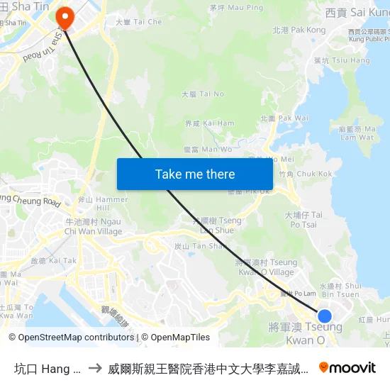 坑口 Hang Hau to 威爾斯親王醫院香港中文大學李嘉誠醫學大樓 map