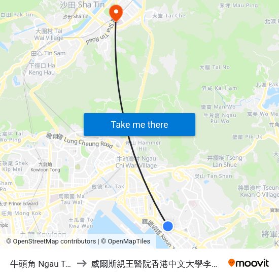 牛頭角 Ngau Tau Kok to 威爾斯親王醫院香港中文大學李嘉誠醫學大樓 map