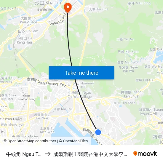 牛頭角 Ngau Tau Kok to 威爾斯親王醫院香港中文大學李嘉誠醫學大樓 map