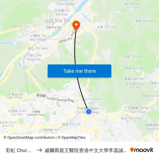 彩虹 Choi Hung to 威爾斯親王醫院香港中文大學李嘉誠醫學大樓 map