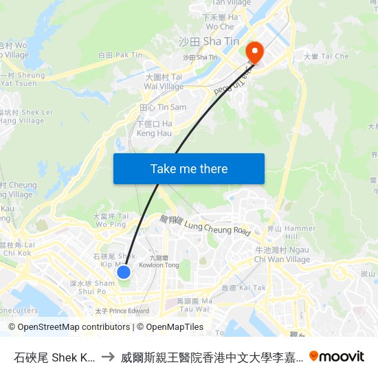 石硤尾 Shek Kip Mei to 威爾斯親王醫院香港中文大學李嘉誠醫學大樓 map