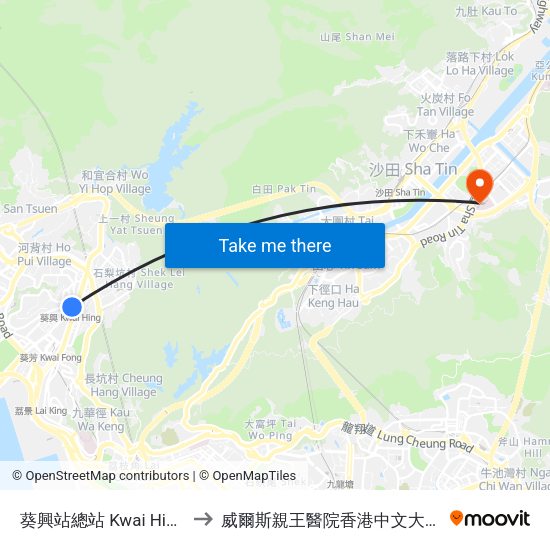 葵興站總站 Kwai Hing Station B/T to 威爾斯親王醫院香港中文大學李嘉誠醫學大樓 map