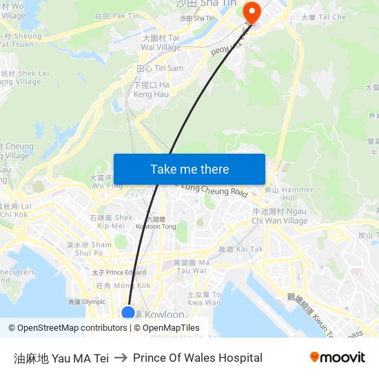 油麻地 Yau MA Tei to Prince Of Wales Hospital map