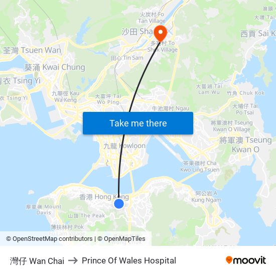 灣仔 Wan Chai to Prince Of Wales Hospital map