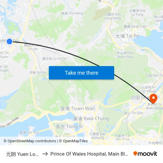 元朗 Yuen Long to Prince Of Wales Hospital, Main Block map