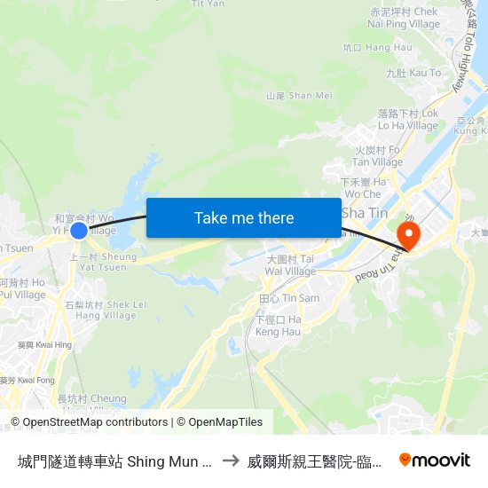 城門隧道轉車站 Shing Mun Tunnels Bus Interchange to 威爾斯親王醫院-臨床醫學大樓(教授樓) map