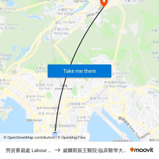 勞資審裁處 Labour Tribunal to 威爾斯親王醫院-臨床醫學大樓(教授樓) map