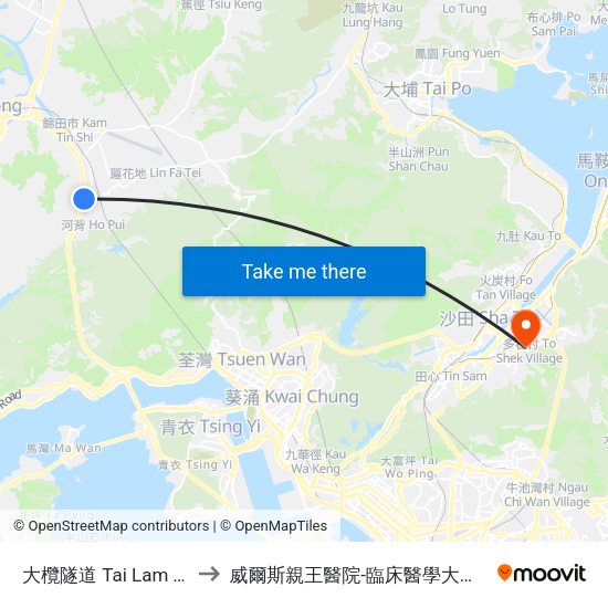 大欖隧道 Tai Lam Tunnel to 威爾斯親王醫院-臨床醫學大樓(教授樓) map