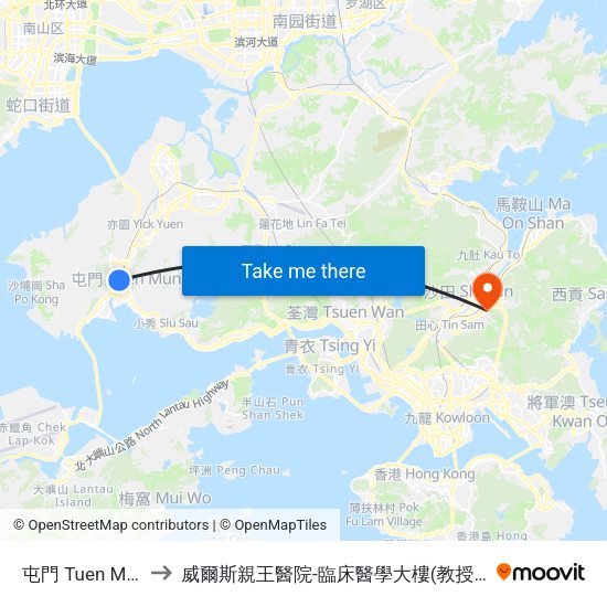 屯門 Tuen Mun to 威爾斯親王醫院-臨床醫學大樓(教授樓) map