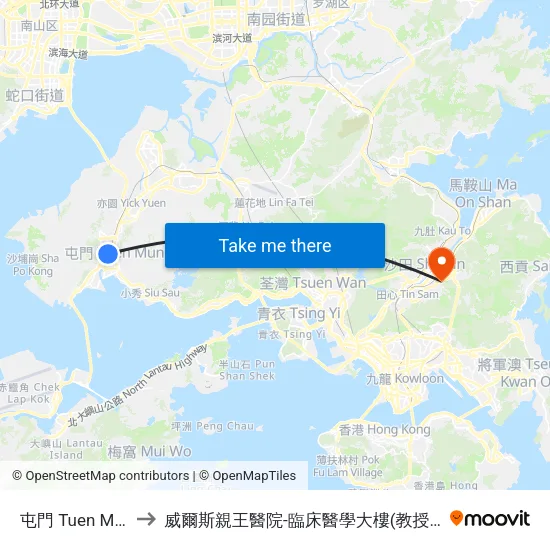 屯門 Tuen Mun to 威爾斯親王醫院-臨床醫學大樓(教授樓) map