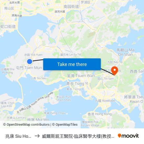 兆康 Siu Hong to 威爾斯親王醫院-臨床醫學大樓(教授樓) map