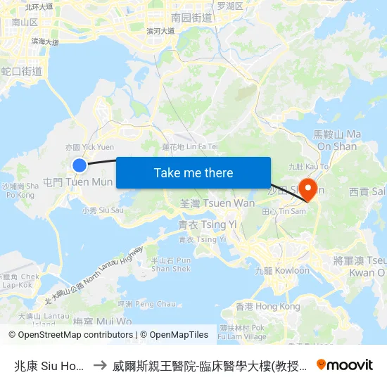 兆康 Siu Hong to 威爾斯親王醫院-臨床醫學大樓(教授樓) map