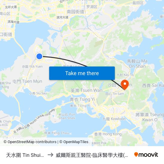 天水圍 Tin Shui Wai to 威爾斯親王醫院-臨床醫學大樓(教授樓) map