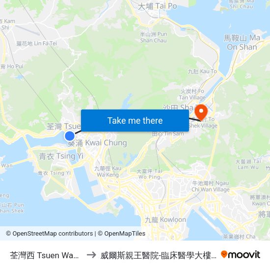 荃灣西 Tsuen Wan West to 威爾斯親王醫院-臨床醫學大樓(教授樓) map
