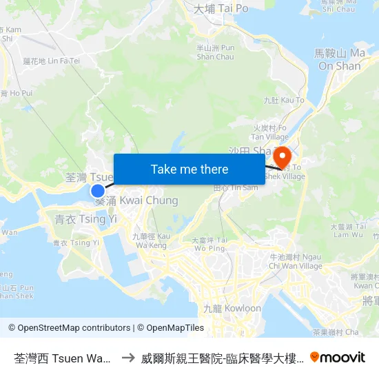 荃灣西 Tsuen Wan West to 威爾斯親王醫院-臨床醫學大樓(教授樓) map