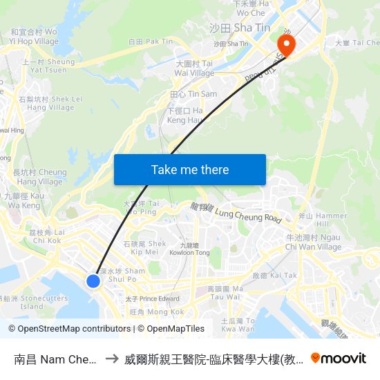 南昌 Nam Cheong to 威爾斯親王醫院-臨床醫學大樓(教授樓) map