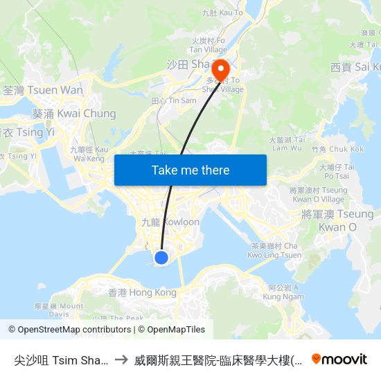 尖沙咀 Tsim Sha Tsui to 威爾斯親王醫院-臨床醫學大樓(教授樓) map