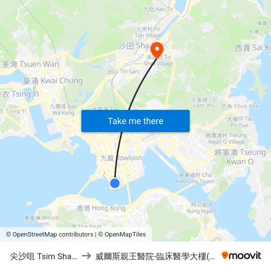 尖沙咀 Tsim Sha Tsui to 威爾斯親王醫院-臨床醫學大樓(教授樓) map