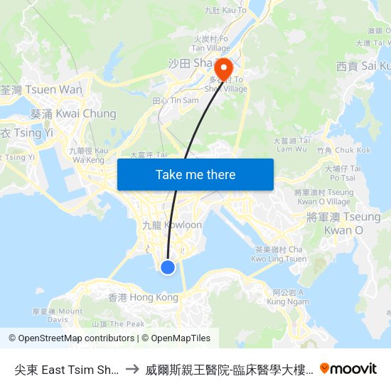 尖東 East Tsim Sha Tsui to 威爾斯親王醫院-臨床醫學大樓(教授樓) map