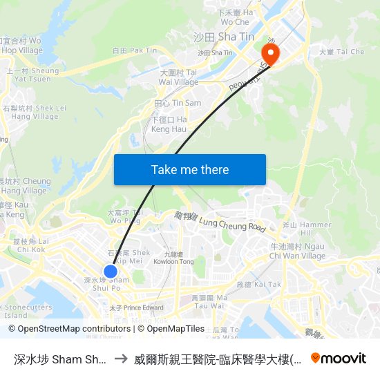 深水埗 Sham Shui Po to 威爾斯親王醫院-臨床醫學大樓(教授樓) map
