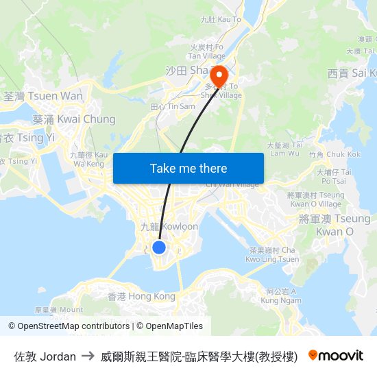 佐敦 Jordan to 威爾斯親王醫院-臨床醫學大樓(教授樓) map