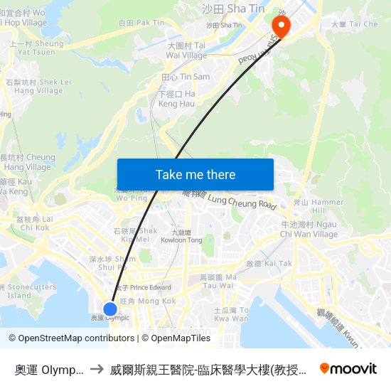 奧運 Olympic to 威爾斯親王醫院-臨床醫學大樓(教授樓) map