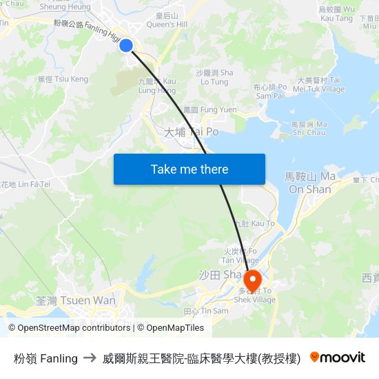 粉嶺 Fanling to 威爾斯親王醫院-臨床醫學大樓(教授樓) map