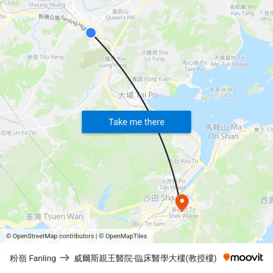 粉嶺 Fanling to 威爾斯親王醫院-臨床醫學大樓(教授樓) map