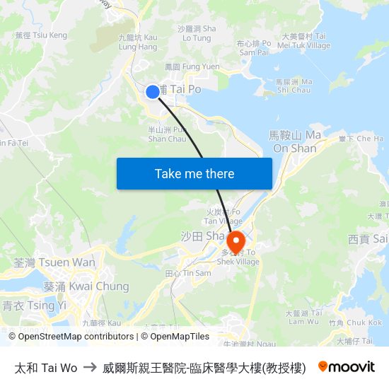 太和 Tai Wo to 威爾斯親王醫院-臨床醫學大樓(教授樓) map