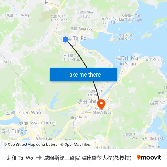 太和 Tai Wo to 威爾斯親王醫院-臨床醫學大樓(教授樓) map