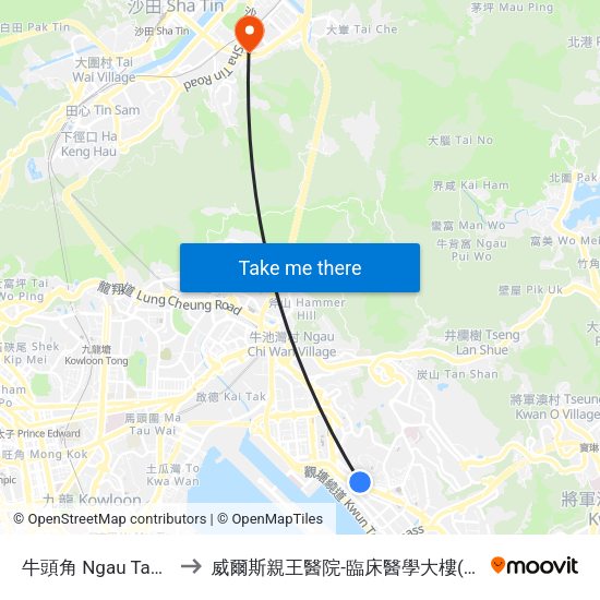 牛頭角 Ngau Tau Kok to 威爾斯親王醫院-臨床醫學大樓(教授樓) map
