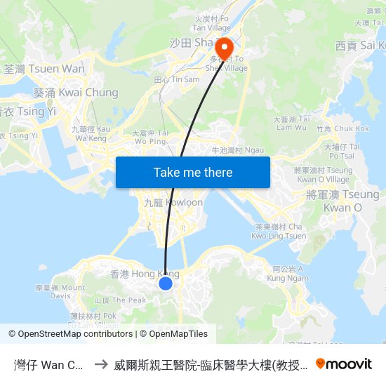灣仔 Wan Chai to 威爾斯親王醫院-臨床醫學大樓(教授樓) map