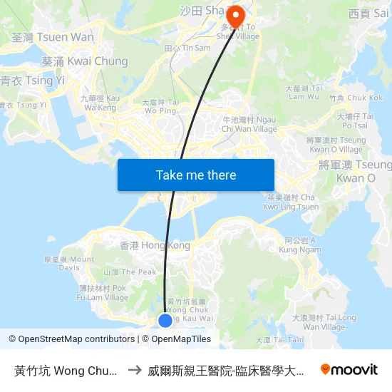 黃竹坑 Wong Chuk Hang to 威爾斯親王醫院-臨床醫學大樓(教授樓) map