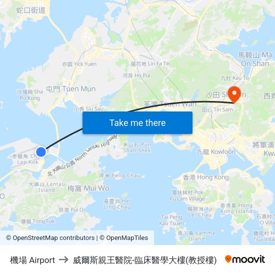 機場 Airport to 威爾斯親王醫院-臨床醫學大樓(教授樓) map