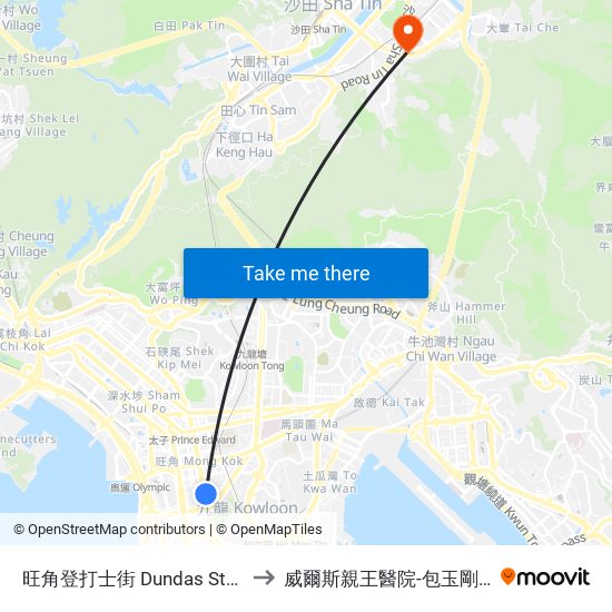 旺角登打士街 Dundas Street Mong Kok to 威爾斯親王醫院-包玉剛爵士癌症中心 map